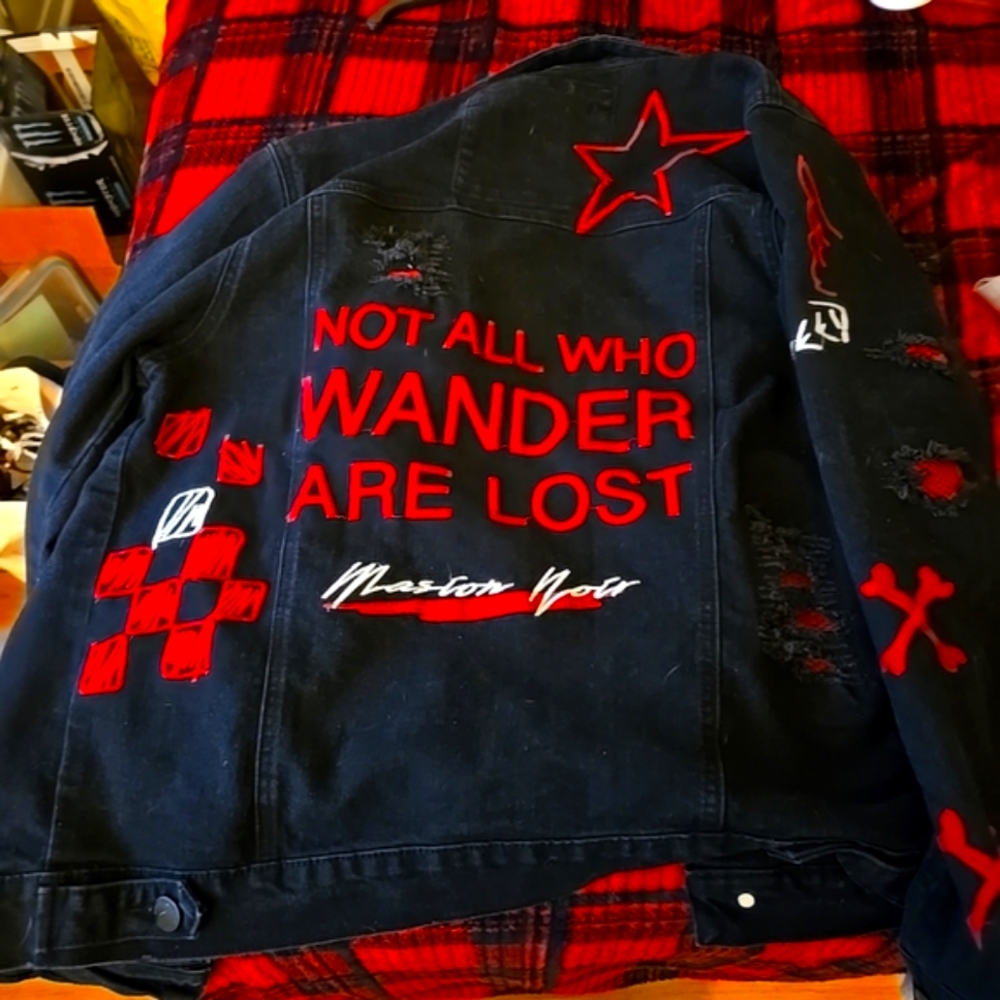 Maison Noir Black Jean Jacket with stitching "not all who wander are lost"